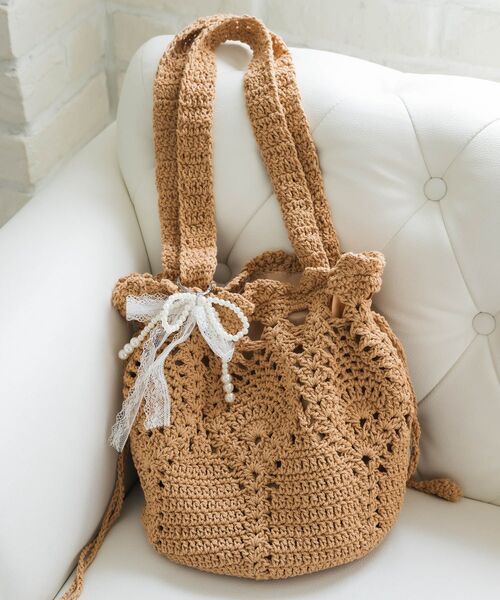 ems excite（エムズエキサイト）の「クロシェ巾着バッグ（ショルダーバッグ・レディース・ブラウン/オフホワイト・ONE SIZE）」の10枚目の写真