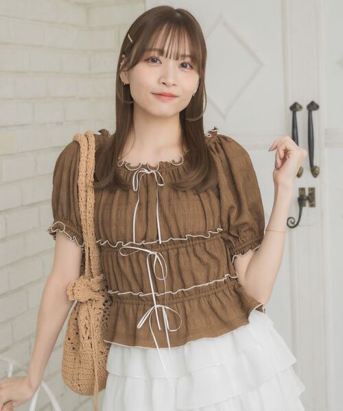 ems excite（エムズエキサイト）の「クロシェ巾着バッグ（ショルダーバッグ・レディース・ブラウン/オフホワイト・ONE SIZE）」の13枚目の写真