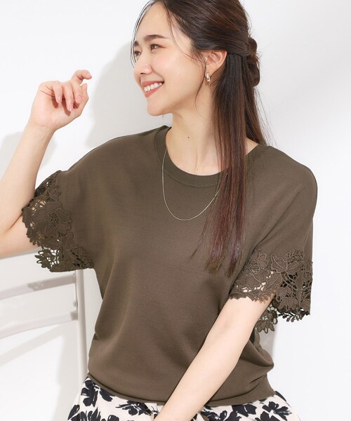 DRESKIP(ドレスキップ)の「【S-LL/ひんやり/UV/】大人上品な お袖レースニット(ニット/セーター・レディース・グリーン/ブラック/ブラウン系/オフホワイト・01/02/03/04)」の3枚目の写真