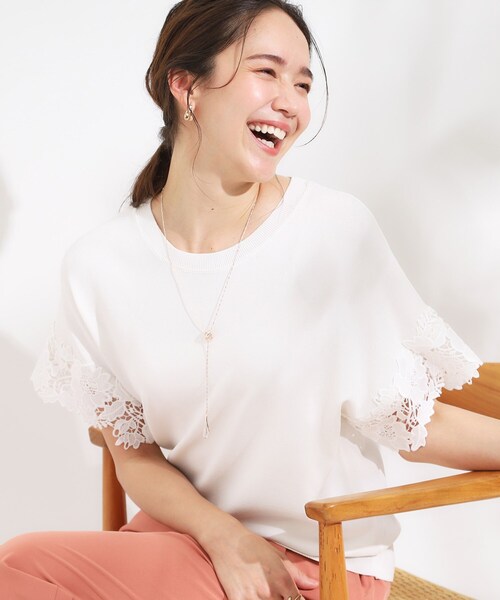 DRESKIP(ドレスキップ)の「【S-LL/ひんやり/UV/】大人上品な お袖レースニット(ニット/セーター・レディース・グリーン/ブラック/ブラウン系/オフホワイト・01/02/03/04)」の1枚目の写真