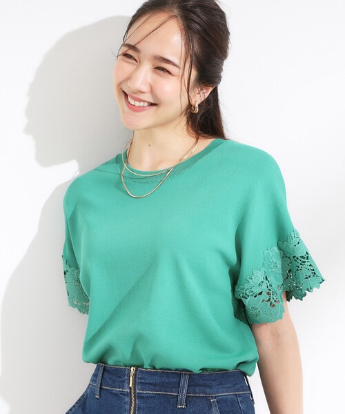 DRESKIP(ドレスキップ)の「【S-LL/ひんやり/UV/】大人上品な お袖レースニット(ニット/セーター・レディース・グリーン/ブラック/ブラウン系/オフホワイト・01/02/03/04)」の4枚目の写真