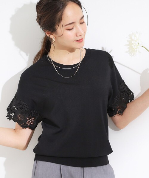 DRESKIP(ドレスキップ)の「【S-LL/ひんやり/UV/】大人上品な お袖レースニット(ニット/セーター・レディース・グリーン/ブラック/ブラウン系/オフホワイト・01/02/03/04)」の2枚目の写真