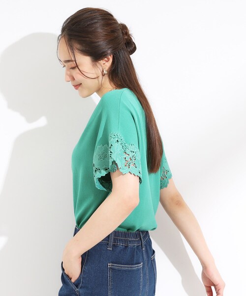 DRESKIP(ドレスキップ)の「【S-LL/ひんやり/UV/】大人上品な お袖レースニット(ニット/セーター・レディース・グリーン/ブラック/ブラウン系/オフホワイト・01/02/03/04)」の10枚目の写真
