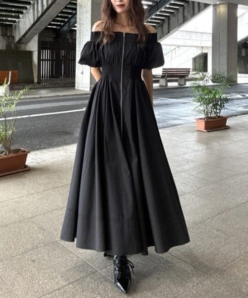 MA-1 オフショルフレアワンピース ブラック rienda | MA-1オフショルフレアワンピース (ワンピース(ロング