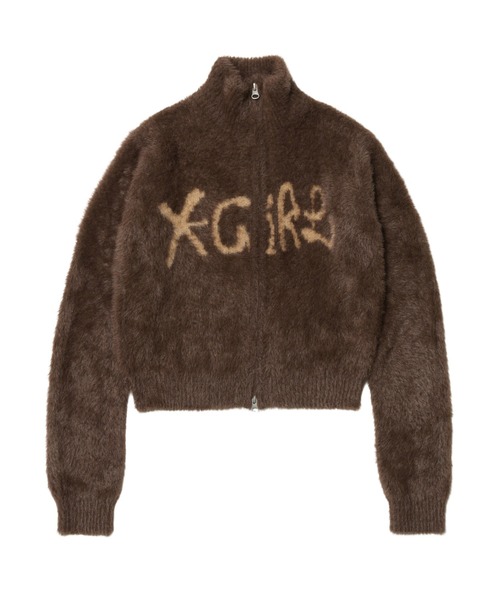 LOGO JACQUARD ZIP UP SHAGGY KNIT TOP（ニット/セーター）｜X-girl