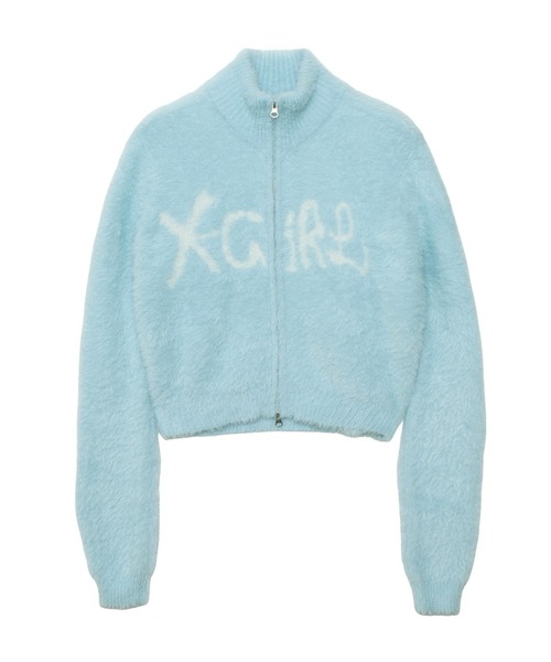 X-girl（エックスガール）の「LOGO JACQUARD ZIP UP SHAGGY KNIT TOP