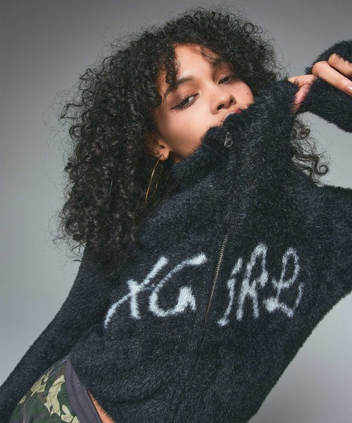 LOGO JACQUARD ZIP UP SHAGGY KNIT TOP（ニット/セーター）｜X-girl