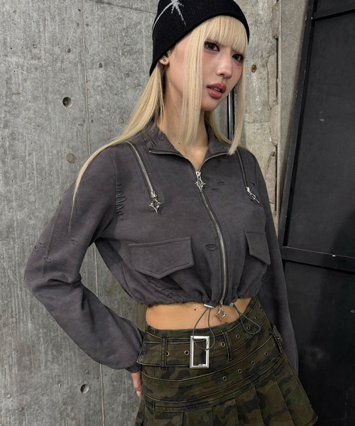 Figments(フィグメンツ)の「クロップドショルダーZIPトップ(Tシャツ/カットソー・レディース・ブラック/スミクロ・FREE)」の1枚目の写真