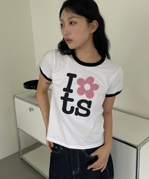 チェックパターンユニークフラワーアプリケットロゴクロップド半袖Tシャツ
