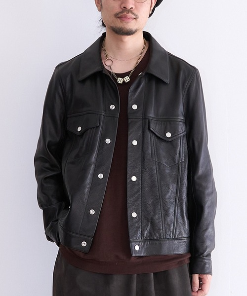 A LEATHER(エーレザー)の「A LEATHER TRUCKER JACKET (AMJ2505)(その他アウター・メンズ・キャメル/ブラック・56/58)」の1枚目の写真