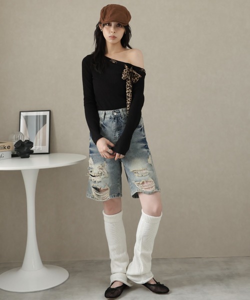 Ulysses(ユリシス)の「レオパードリボンオフショルリブトップス(Tシャツ/カットソー・レディース・ブラック・S/M)」の2枚目の写真
