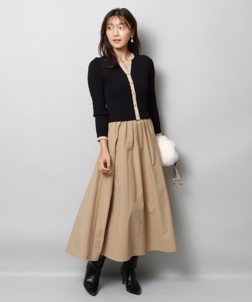 JUSGLITTY（ジャスグリッティー）の「配色ケーブルカーデドッキングワンピース（ワンピース・レディース・ブラウン/オフホワイト/ブラック・2/1）」の15枚目の写真