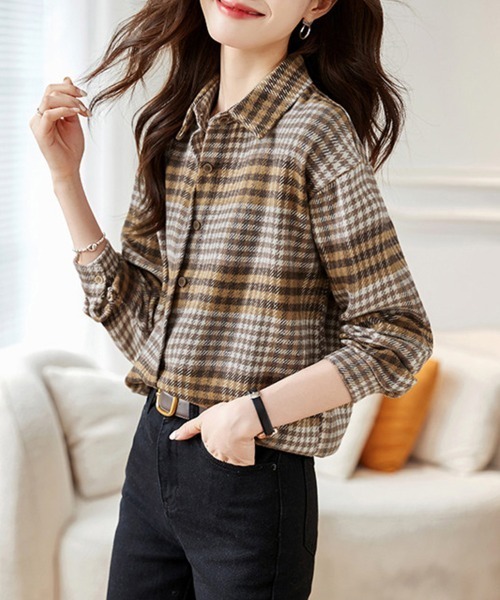 ReRe（リリ）の「レギュラーカラーチェック柄シャツ（シャツ/ブラウス・レディース・ブルー/ブラウン・MEDIUM）」の10枚目の写真