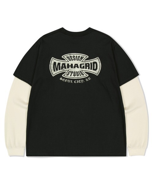 MAHAGRID(マハグリッド)の「『mahagrid/マハグリッド』 CROSS LOGO THERMAL LS TEE/クロスロゴデザイン レイヤード長袖Tシャツ(Tシャツ/カットソー・レディース・オレンジ/チャコールグレー・M/L)」の1枚目の写真