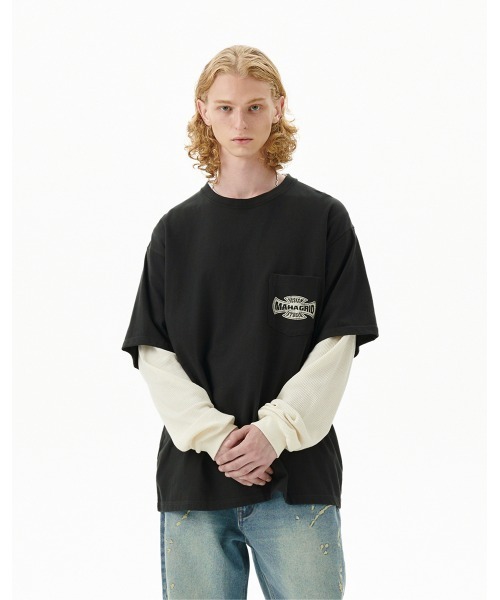 MAHAGRID(マハグリッド)の「『mahagrid/マハグリッド』 CROSS LOGO THERMAL LS TEE/クロスロゴデザイン レイヤード長袖Tシャツ(Tシャツ/カットソー・レディース・オレンジ/チャコールグレー・M/L)」の3枚目の写真