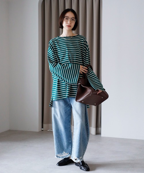 amini（アミニ）の「ビックシルエットボータートップス（Tシャツ/カットソー・レディース・ブラック×ホワイト/グリーン系/ワイン系/ホワイト×ブラック・MEDIUM）」の3枚目の写真