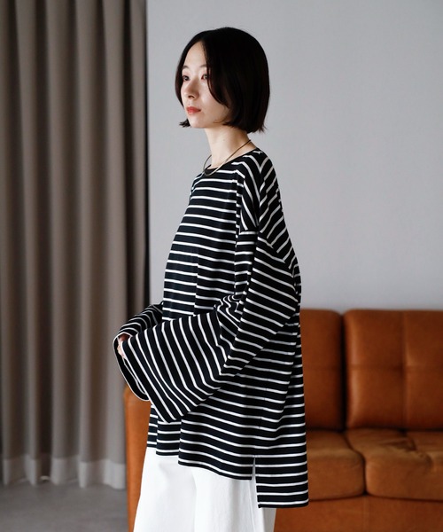 amini（アミニ）の「ビックシルエットボータートップス（Tシャツ/カットソー・レディース・ブラック×ホワイト/グリーン系/ワイン系/ホワイト×ブラック・MEDIUM）」の8枚目の写真