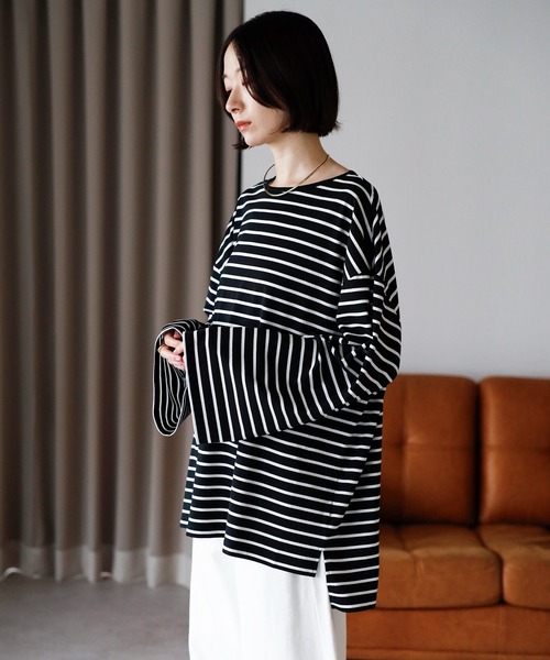 amini（アミニ）の「ビックシルエットボータートップス（Tシャツ/カットソー・レディース・ブラック×ホワイト/グリーン系/ワイン系/ホワイト×ブラック・MEDIUM）」の9枚目の写真