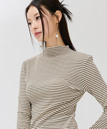 レディースストライプタートルネックTシャツ-ベージュ