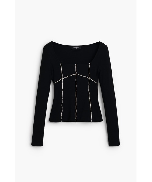 Desigual(デシグアル)の「コントラストステッチ リブライン入りTシャツ(Tシャツ/カットソー・レディース・ブラック・S/M/L/XL)」の1枚目の写真