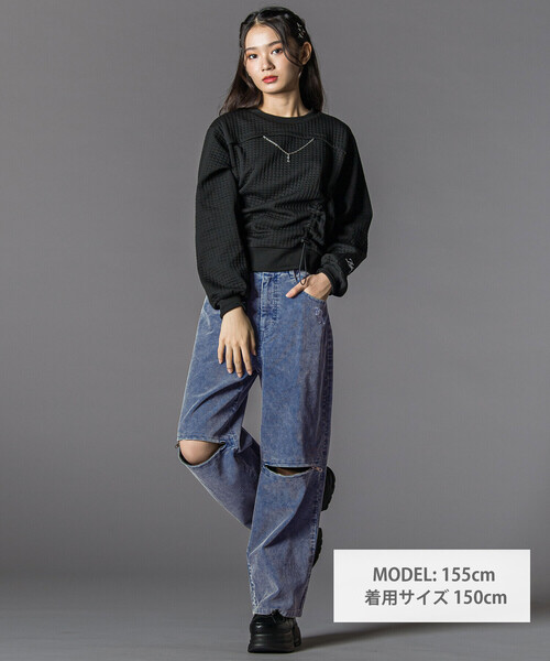 ZIDDY（ジディ）の「膨れジャガードﾄドロストトップス(130~160cm)（スウェット・キッズ・ホワイト/ブラック・140cm/FREE/150cm/130cm）」の3枚目の写真