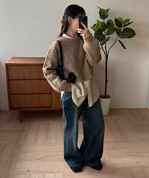 MUHET(ミュエータ)の「loop yarn short knit & scrunchie set / ループヤーンショート丈ニット&シュシュセット(ニット/セーター・レディース・チャコールグレー/ライトブルー/ブラウン・FREE)」の16枚目の写真