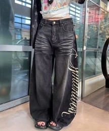 サイド英字プリントデニムワイドパンツ