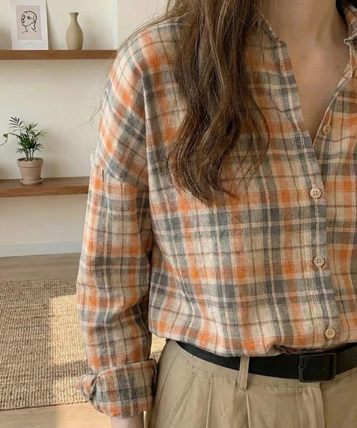 cammie(キャミー)の「チェックシャツ(シャツ/ブラウス・レディース・オレンジ/グリーン・L/XL)」の4枚目の写真