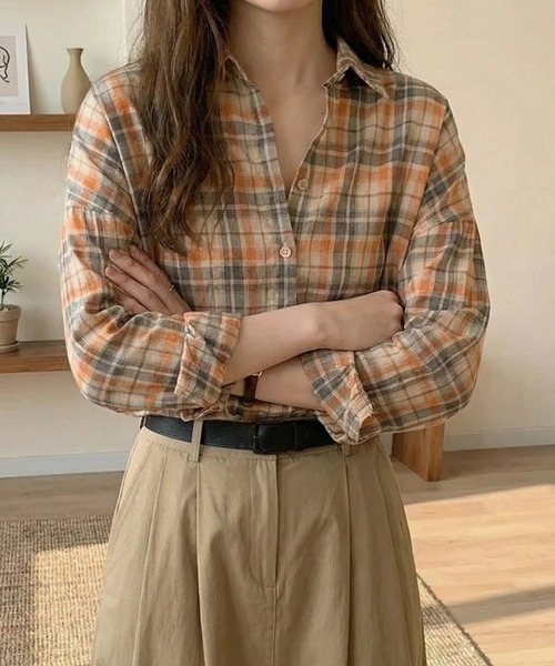 cammie(キャミー)の「チェックシャツ(シャツ/ブラウス・レディース・オレンジ/グリーン・L/XL)」の6枚目の写真