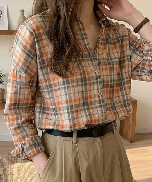 cammie(キャミー)の「チェックシャツ(シャツ/ブラウス・レディース・オレンジ/グリーン・L/XL)」の5枚目の写真