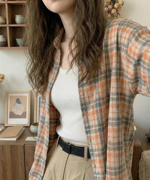 cammie(キャミー)の「チェックシャツ(シャツ/ブラウス・レディース・オレンジ/グリーン・L/XL)」の3枚目の写真