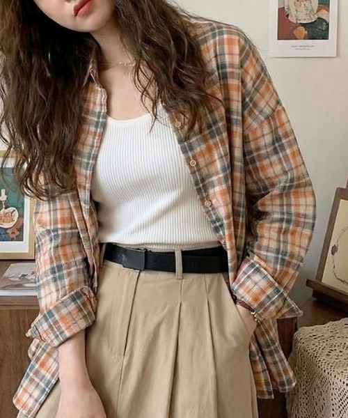 cammie(キャミー)の「チェックシャツ(シャツ/ブラウス・レディース・オレンジ/グリーン・L/XL)」の7枚目の写真