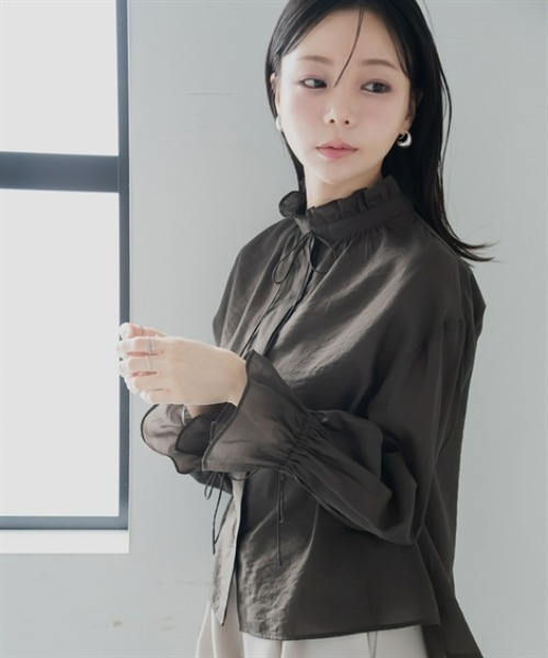 Petitjo(プッチージョ)の「小さいサイズ シアーフリルリボンブラウス 低身長さん・小柄女性(シャツ/ブラウス・レディース・ブラウン/アイボリー・PSS/PS/PM/PL)」の7枚目の写真