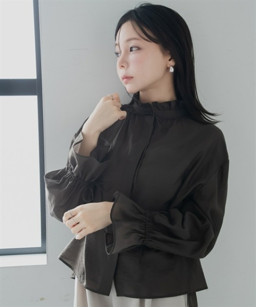 Petitjo(プッチージョ)の「小さいサイズ シアーフリルリボンブラウス 低身長さん・小柄女性(シャツ/ブラウス・レディース・ブラウン/アイボリー・PSS/PS/PM/PL)」の8枚目の写真