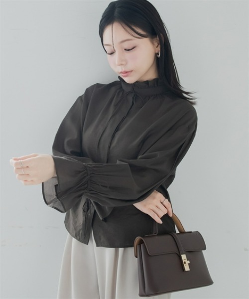 Petitjo(プッチージョ)の「小さいサイズ シアーフリルリボンブラウス 低身長さん・小柄女性(シャツ/ブラウス・レディース・ブラウン/アイボリー・PSS/PS/PM/PL)」の9枚目の写真