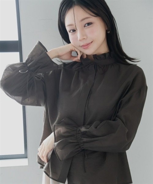 Petitjo(プッチージョ)の「小さいサイズ シアーフリルリボンブラウス 低身長さん・小柄女性(シャツ/ブラウス・レディース・ブラウン/アイボリー・PSS/PS/PM/PL)」の3枚目の写真