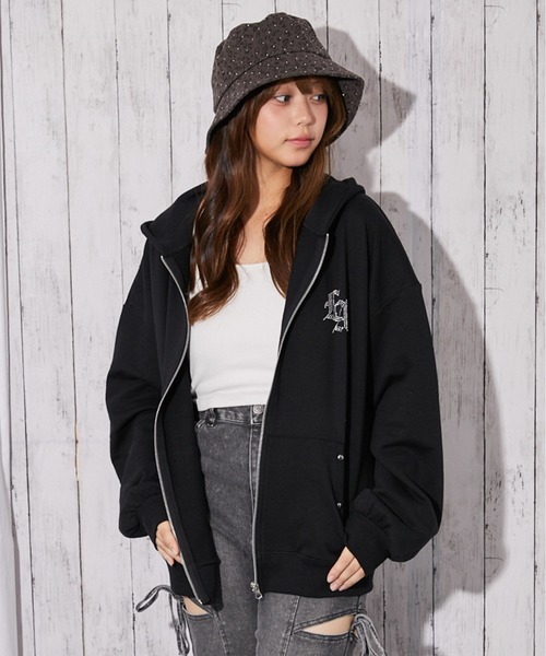 GORGE（ゴージ）の「《背中クロス×ロゴ×胸ワンポイントロゴ》裏毛ジップパーカー　秋冬（パーカー・レディース・スミクロ/ブラック/オートミール・F）」の7枚目の写真