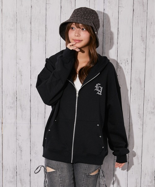 GORGE（ゴージ）の「《背中クロス×ロゴ×胸ワンポイントロゴ》裏毛ジップパーカー　秋冬（パーカー・レディース・スミクロ/ブラック/オートミール・F）」の8枚目の写真