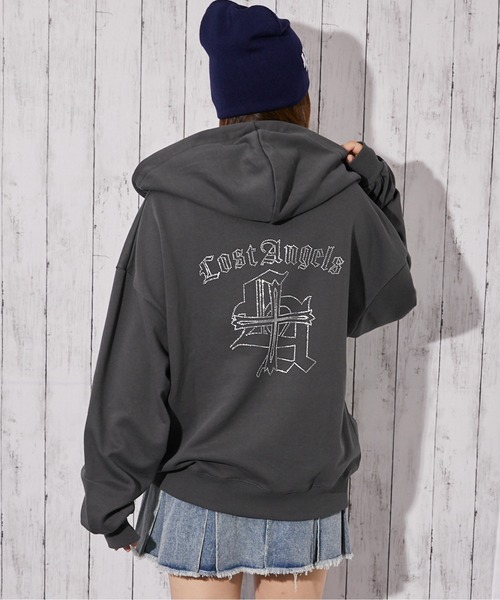 GORGE（ゴージ）の「《背中クロス×ロゴ×胸ワンポイントロゴ》裏毛ジップパーカー　秋冬（パーカー・レディース・スミクロ/ブラック/オートミール・F）」の12枚目の写真