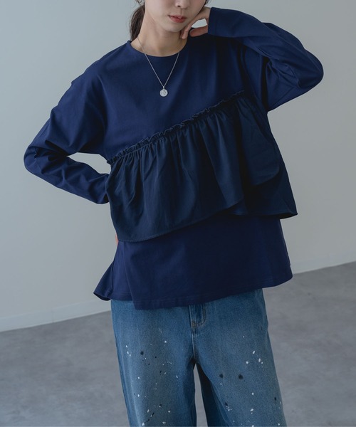 SABUROKU（サブロク）の「【SABUROKU】重ね着いらずでサマになる フリル ロンT（Tシャツ/カットソー・レディース・ブルー/ネイビー/ホワイト・M）」の2枚目の写真