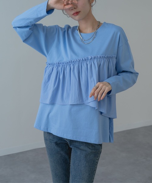 SABUROKU（サブロク）の「【SABUROKU】重ね着いらずでサマになる フリル ロンT（Tシャツ/カットソー・レディース・ブルー/ネイビー/ホワイト・M）」の3枚目の写真
