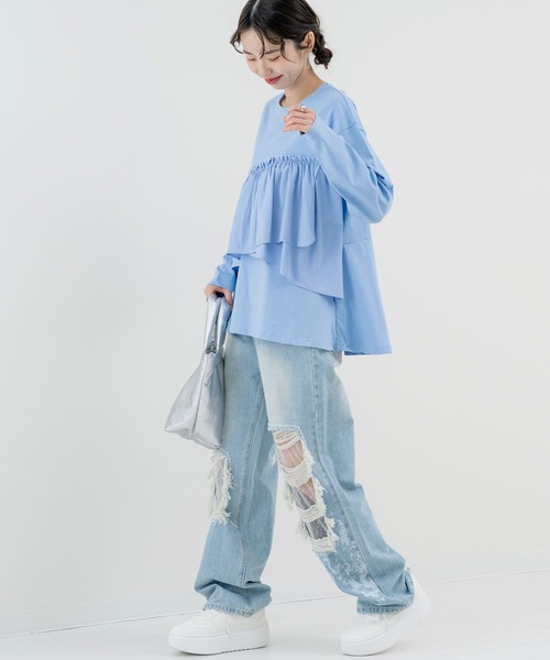 SABUROKU（サブロク）の「【SABUROKU】重ね着いらずでサマになる フリル ロンT（Tシャツ/カットソー・レディース・ブルー/ネイビー/ホワイト・M）」の13枚目の写真