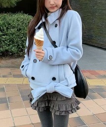 リボン襟付きダブルブレストメルトンジャケット