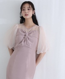 リボンデザイン パフスリーブ ラインストーン ドット パーティー ドレス お呼ばれ ロング&七分袖 結婚式 二次会 フォーマル オケージョンドレス 同窓会 成人式