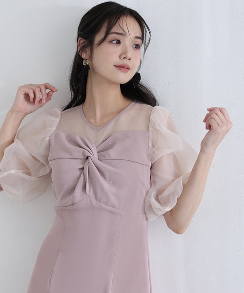 PourVous(プールヴー)の「リボンデザイン パフスリーブ ラインストーン ドット パーティー ドレス お呼ばれ ロング&七分袖 結婚式 二次会 フォーマル オケージョンドレス 同窓会 成人式 (ドレス・レディース・ピンク/グレイッシュベージュ/ブラック・L/M)」の10枚目の写真
