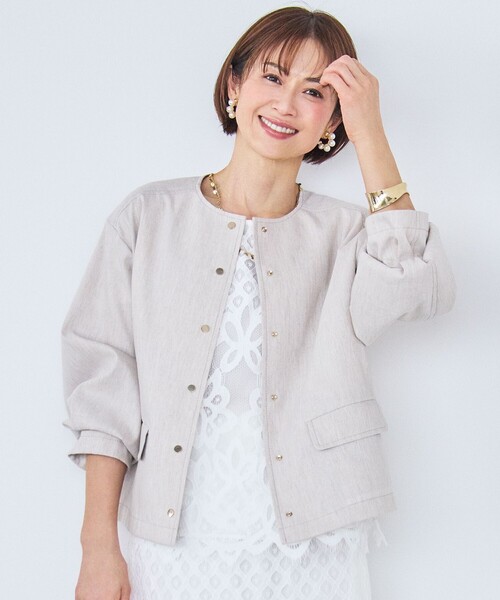 G*2様 美品✨️アドーア リネンノーカラージャケット 36 ホワイト 7分袖 セール】リネンストレッチノーカラー ジャケット（ノーカラー