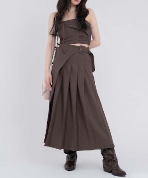 mellowneon（メロウネオン）の「ビスチェプリーツスカートセットアップ（セットアップ・レディース・グレー/ブラウン・FREE）」の2枚目の写真