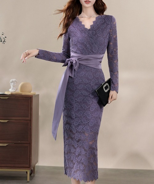 FREE STYLISTS(フリー スタイリスト)の「YUGA_YGMC All-lace V-neck dress(ドレス・レディース・パープル/オフホワイト・S/M/L/XL)」の1枚目の写真