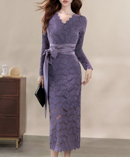 FREE STYLISTS(フリー スタイリスト)の「YUGA_YGMC All-lace V-neck dress(ドレス・レディース・パープル/オフホワイト・S/M/L/XL)」の5枚目の写真