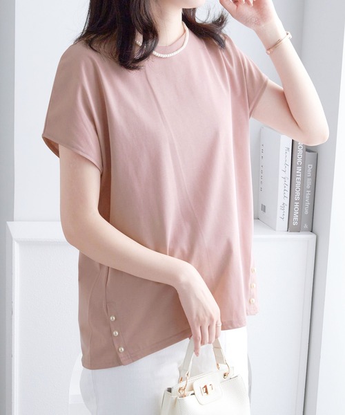 alotta(アロッタ)の「ひんやり裾パールデザインTシャツ(Tシャツ/カットソー・レディース・ブラック/ピンク/チャコール/ネイビー・M/L/LL)」の4枚目の写真